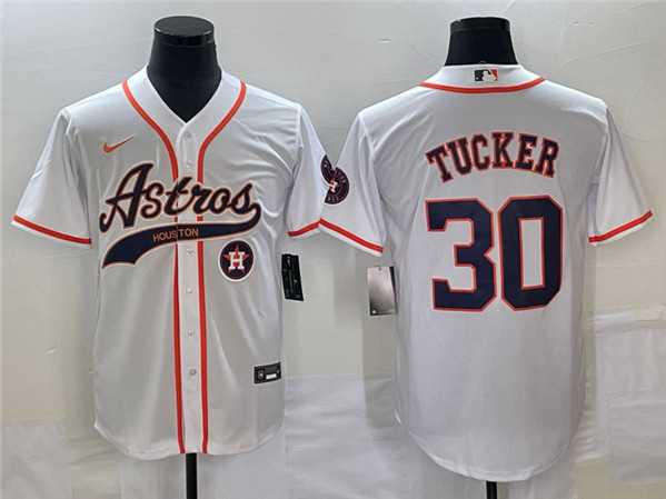 Mens Houston Astros #30 Kyle Tucker White With Patch Cool Base Stitched Baseball Jersey